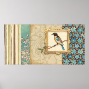 枝に茶色と青の鳥が顔を上げる ポスター