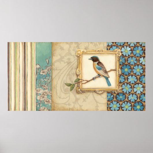 枝に茶色と青の鳥が顔を上げる ポスター (正面)