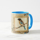 枝に茶色と青の鳥が顔を上げる マグカップ (正面右)