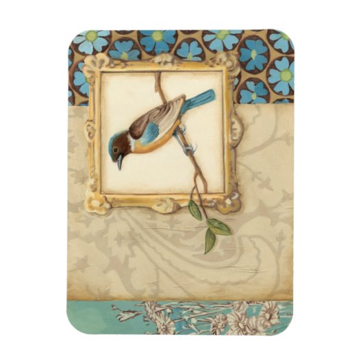 枝に茶色と青の鳥が顔を上げる マグネット (縦)