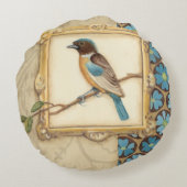 枝に茶色と青の鳥が顔を上げる ラウンドクッション (裏面)