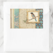 枝に茶色と青の鳥が顔を上げる 長方形シール (バッグ)