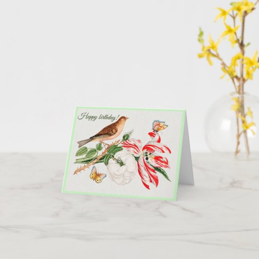 枝に茶色の鳥 カード (黄色い花)