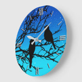 枝に鳥、青に黒 ラージ壁時計 (傾斜)