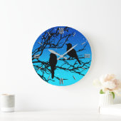 枝に鳥、青に黒 ラージ壁時計 (ホーム)