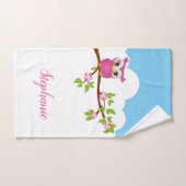 枝のかわいいピンクのフクロウ バスタオルセット (ハンドタオル)