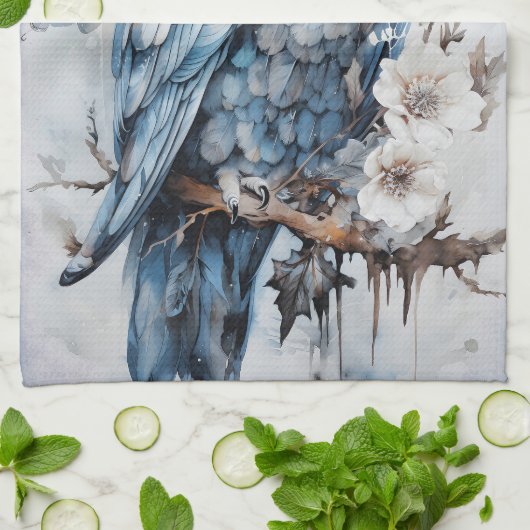 枝のクリスマスに美しい青いフクロウ キッチンタオル (折り畳み)