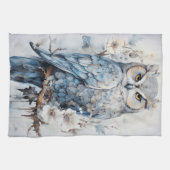 枝のクリスマスに美しい青いフクロウ キッチンタオル (横)