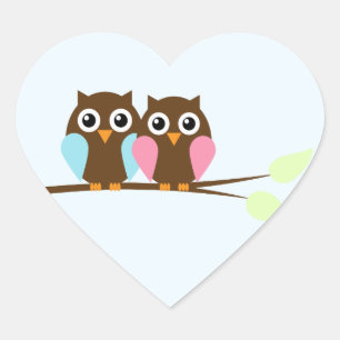 枝のフクロウのカップル ハートシール