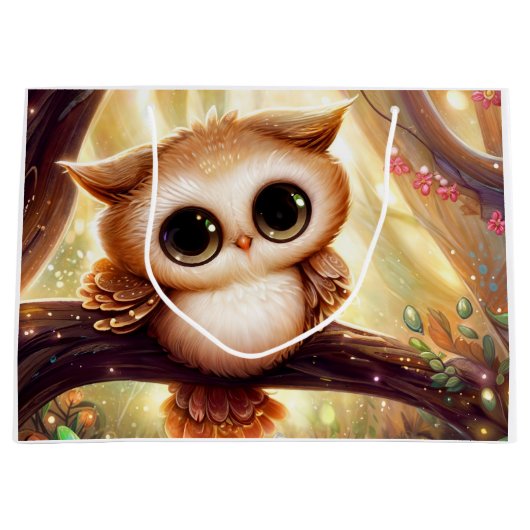 枝の上にかわいい茶色のフクロウ ラージペーパーバッグ (正面)