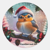 枝の上に座る可愛いクリスマスの鳥 ラウンドシール (正面)