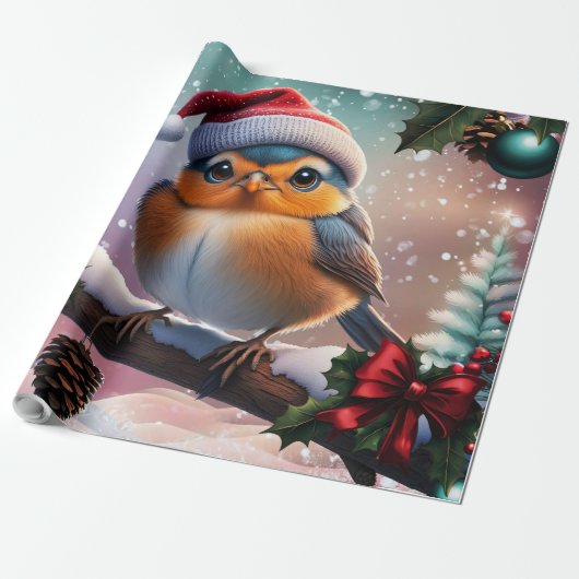 枝の上に座る可愛いクリスマスの鳥 ラッピングペーパー (アンロールド)