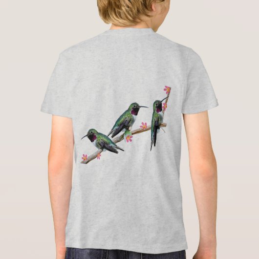 枝の上に止まるハミングバード三羽 トライブレンドＴシャツ (裏面)