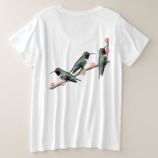枝の上に止まるハミングバード三羽 プラスサイズTシャツ (デザイン裏面)