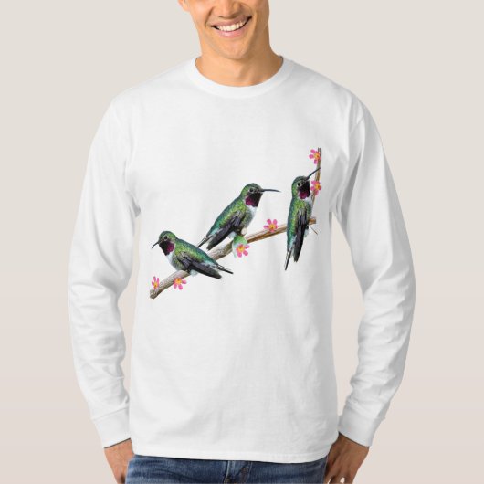 枝の上に止まるハミングバード三羽 Tシャツ (正面)