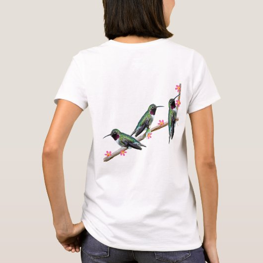 枝の上に止まるハミングバード三羽 Tシャツ (裏面)