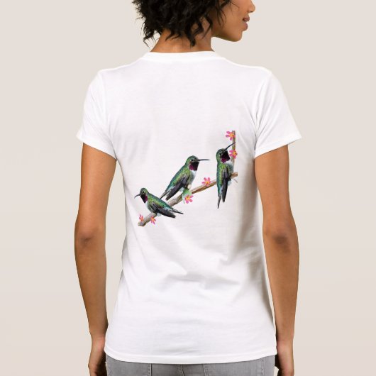 枝の上に止まるハミングバード三羽 Tシャツ (裏面)