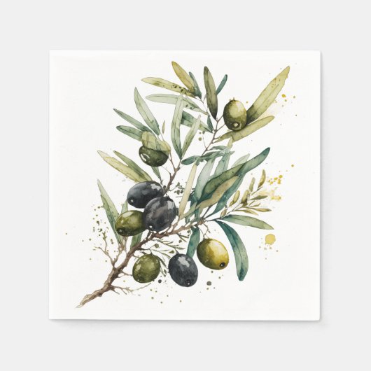 枝の上に水色の黒と緑のオリーブ スタンダードカクテルナプキン (正面)