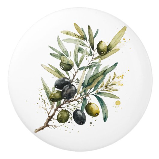 枝の上に水色の黒と緑のオリーブ セラミックノブ (正面)