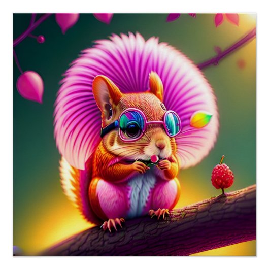 枝の上のピンクのリス ポスター (正面)