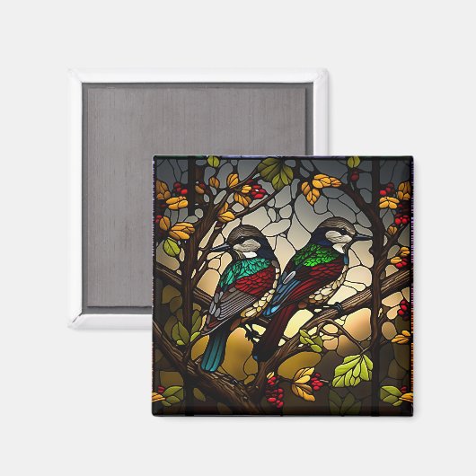 枝の上の鳥 – ステイングラスアート装飾用クッション マグネット (正面/裏面)