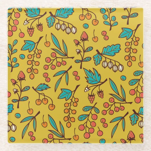 枝の果実、シームレスな自然パターン。 ガラスコースター (正面)