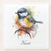 枝の水色に座ったかわいいブルーティット ガラスコースター (正面)