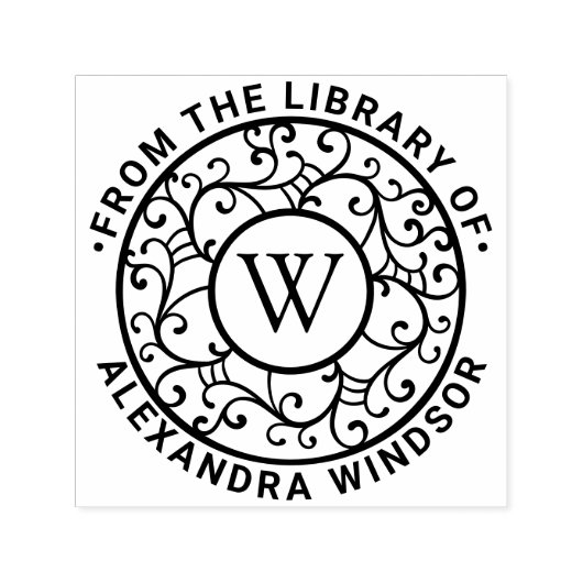 枝の繊細な装飾が施された名前のイニシャルが入った本のライブラリー セルフインキングスタンプ (デザイン)