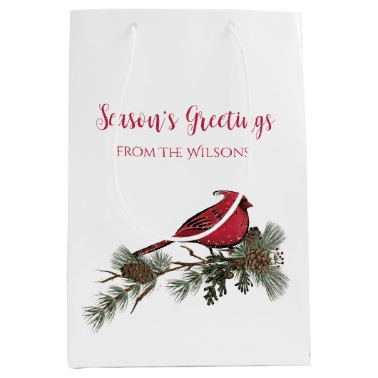 枝の（鳥）ショウジョウコウカンチョウに美しい赤いクリスマス ミディアムペーパーバッグ (正面)