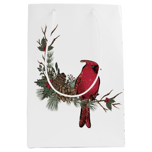 枝の（鳥）ショウジョウコウカンチョウに美しい赤いクリスマス ミディアムペーパーバッグ (正面)