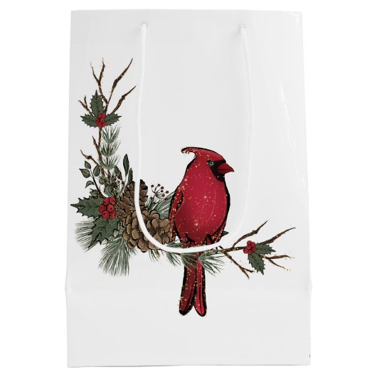 枝の（鳥）ショウジョウコウカンチョウに美しい赤いクリスマス ミディアムペーパーバッグ (裏面)
