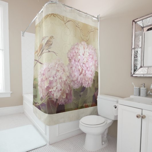 枝アジサイの歌の鳥によってはヴィンテージが開花します シャワーカーテン (インサイチュ)