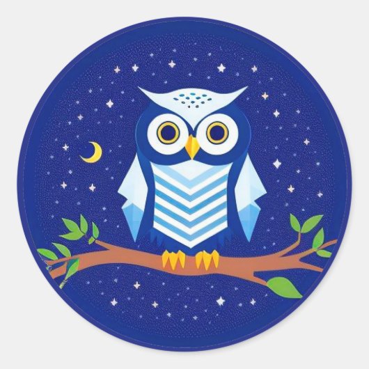 枝カラフルに止まった幾何学模様フクロウ ラウンドシール (正面)