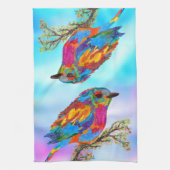 枝カラフルの上の鳥1/2折りキッチンタオル キッチンタオル (縦)