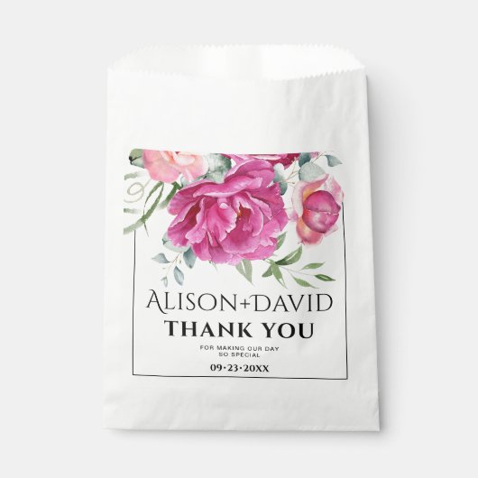 枝ピンクのバラの花とタイポグラフィ結婚の フェイバーバッグ (正面)