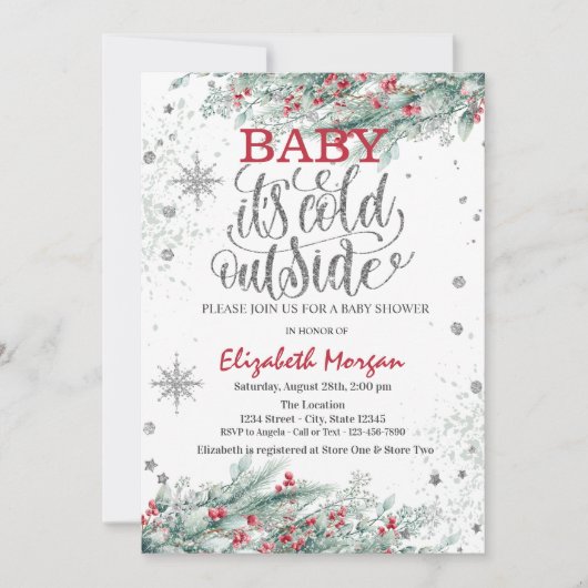 枝ホリーベリースノーフレーク赤ちゃんシャワー 招待状 (正面)