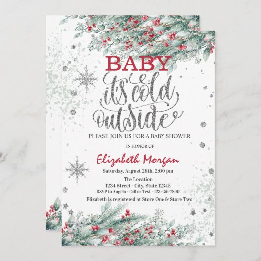 枝ホリーベリースノーフレーク赤ちゃんシャワー 招待状 (正面/裏面)