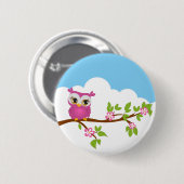 枝ボタンのかわいいフクロウの女の子 缶バッジ (正面&裏面)