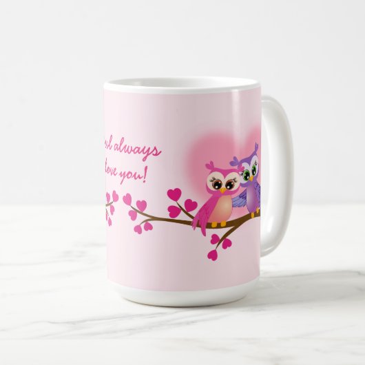 枝マグの美しいカップルのフクロウ コーヒーマグカップ (正面右)