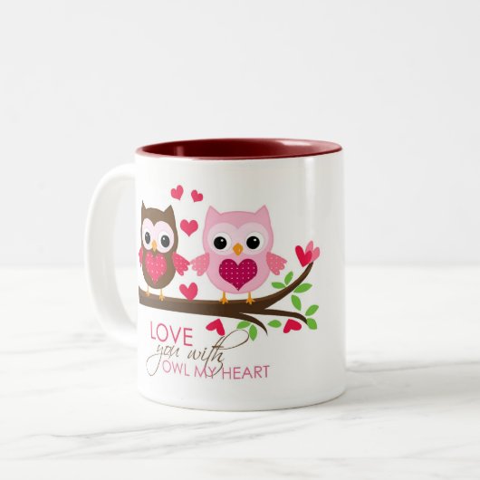 枝マグ(ピンク)の愛フクロウ- 2つの調子のマグ ツートーンマグカップ (正面左)