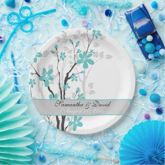 枝モダンに青いアクア結婚ウの花 ペーパープレート (パーティー)
