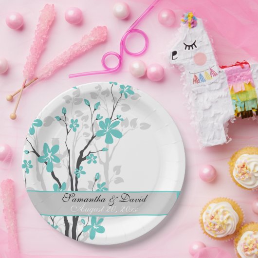 枝モダンに青いアクア結婚ウの花 ペーパープレート (パーティー)