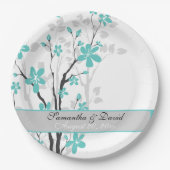 枝モダンに青いアクア結婚ウの花 ペーパープレート (正面)