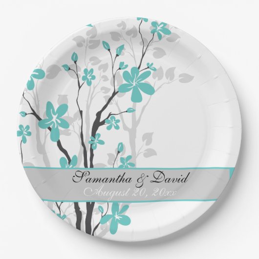 枝モダンに青いアクア結婚ウの花 ペーパープレート (正面)