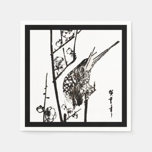 枝上の日本鳥 - 黒と白 スタンダードカクテルナプキン (正面)