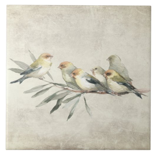 枝上の鳥の水彩画 田舎風 タイル (正面)
