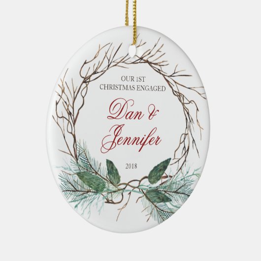 枝及びマツ初めてのクリスマスの婚約したな婚約者 セラミックオーナメント (右)