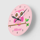 枝女の子部屋の装飾のかわいくガーリーなピンクのフクロウ ラウンド壁時計 (傾斜)