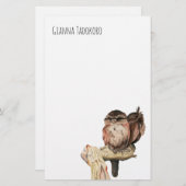 枝水彩画|の2羽のフクロウはあなたの名前を加えます 便箋 (正面/裏面)