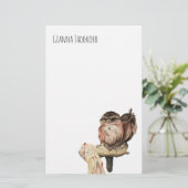 枝水彩画|の2羽のフクロウはあなたの名前を加えます 便箋 (スタンド正面)